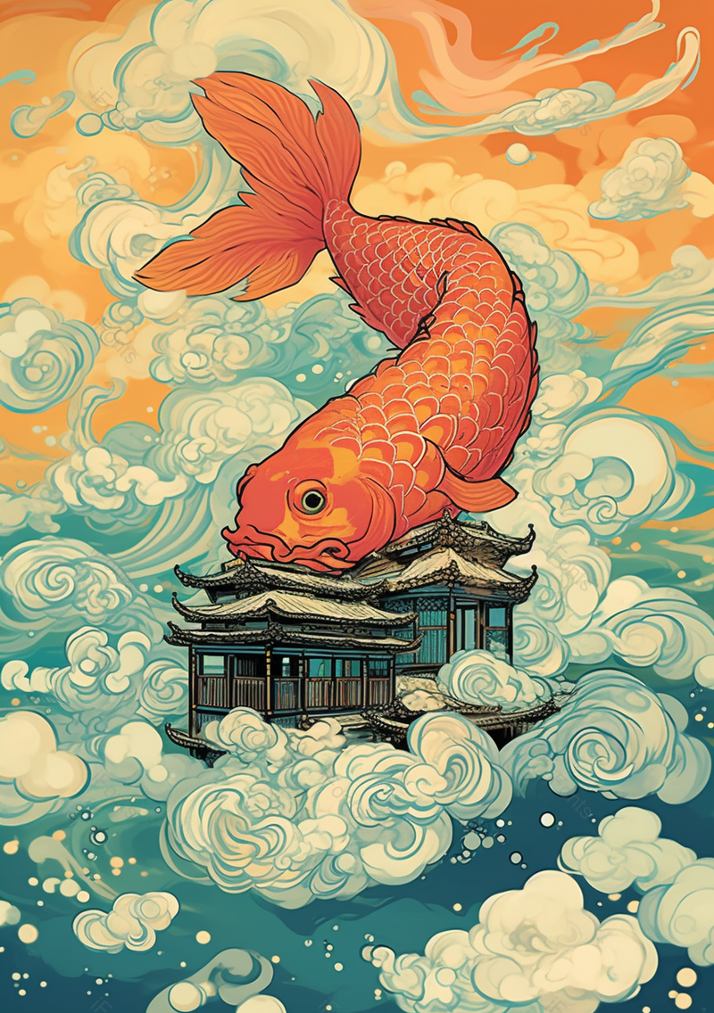 金鱼建筑湖面的插画场景中国风插画背景,插画/手绘图,插画/手绘图库,插画/手绘图下载,插画/手绘